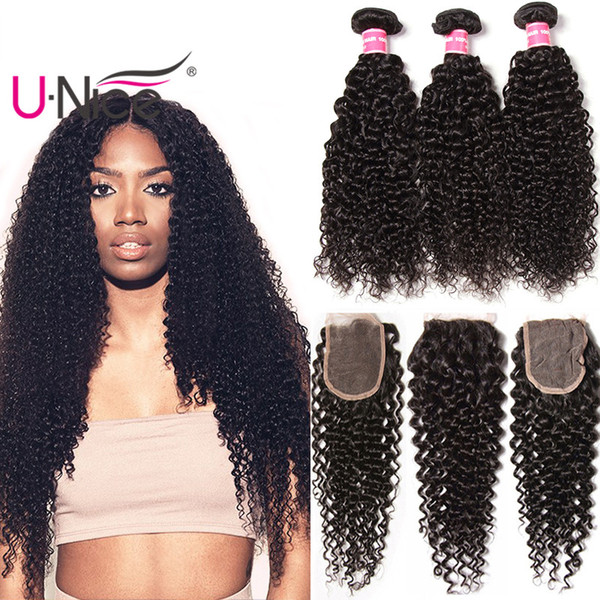 UNice Hair Brazilian Kinky Curly Human Hair 4 Bundles With Lace Closure Virgin Hair Weave Bundles With Lace Closure Wholesale Bulk Cheap