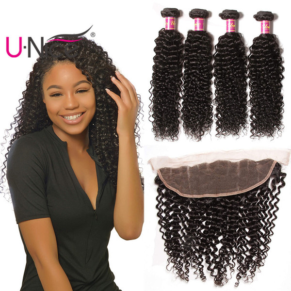 UNice Hair Peruvian Kinky Curly Frontal With 3 Bundles Human Hair Weave Bundles With 13x4 Lace Lace Frontal Ear to Ear Wholesale Bulk