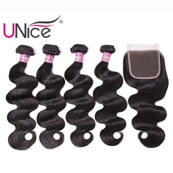 UNice Hair Brazilian 4 Bundles With Closure Body Wave 100% Human Hair Extensions Weaves Bundle With Lace Closures Unprocessed Wholesale