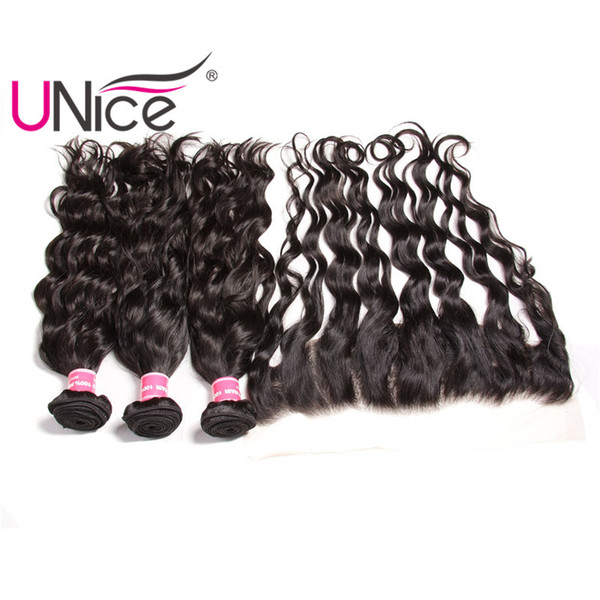 UNice Hair Malaysian Virgin Natural Wave Bundles With Frontal Closure Hair Weaves With Lace Frontals Weaving Closure Remy Human Hair Bulk