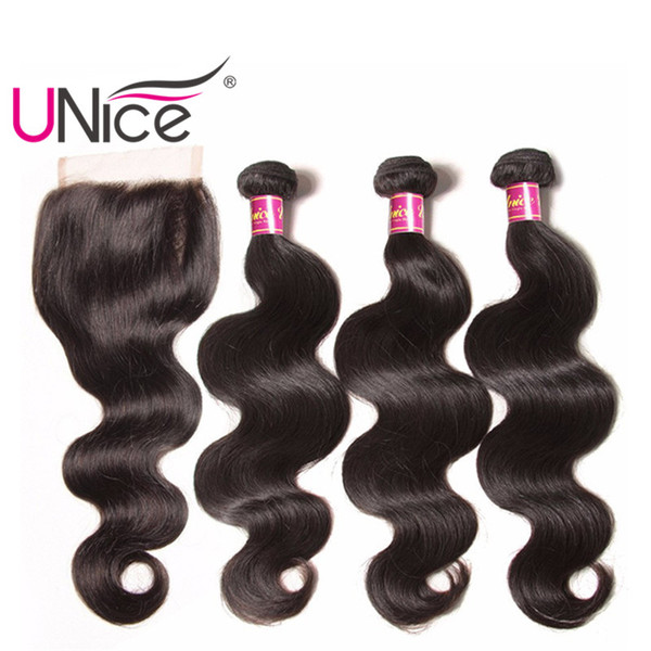 UNice Hair Malaysian Virgin Body Wave Bundles With Closure Free Part Lace Closure Human Hair Extensions Remy Human Hair Wefts With Closure