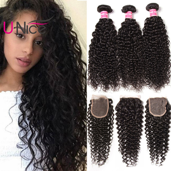 UNice Hair Virgin Peruvian Kinky Curly Hair 4 Bundles With Closure Virgin Brazilian Curly Hair Weave Bundles With Lace Closure Wholesale