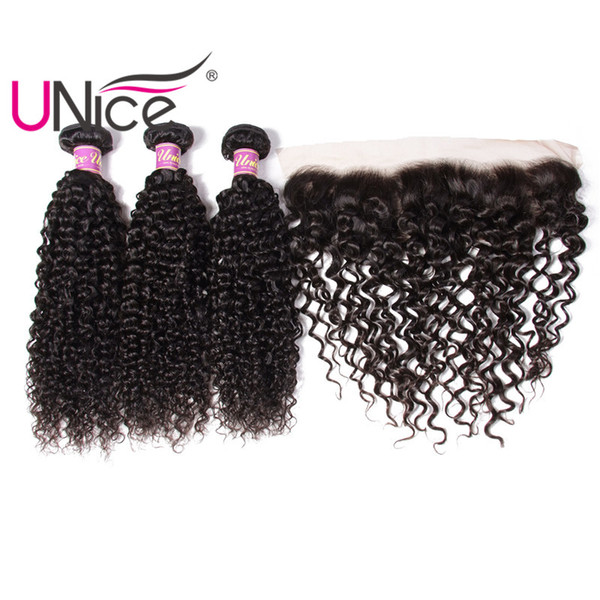 UNice Hair Virgin 4 Bundles With Frontal Brazilian Curly Wave Ear to Ear Hair Weaves With Curl Wave Lace Frontals Remy Human Hair