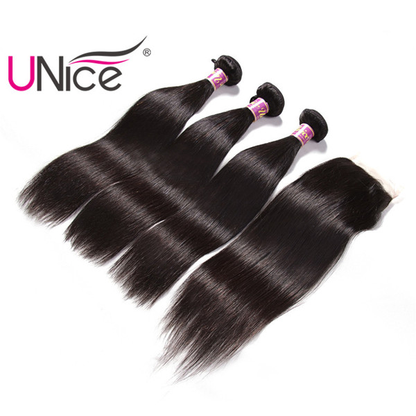 UNice Hair Virgin Straight Bundles With Closure Brazilian Free Part Lace Closure Human Hair Extensions Remy Hair Wefts With Closure Silk Top