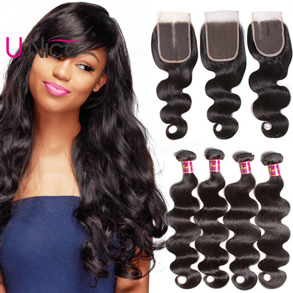 UNice Hair Peruvian Virgin Hair Body Wave 4 Bundles With Closure Wholesale 100% Human Hair Extensions Weave Bundles With Lace Closure Cheap