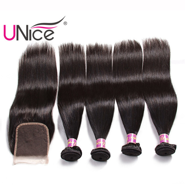 UNice Hair Straight 4 Bundles With Closure Brazilian Remy 100% Human Hair Extensions Hair Weaves Bundle With Lace Closure Unprocessed Silk