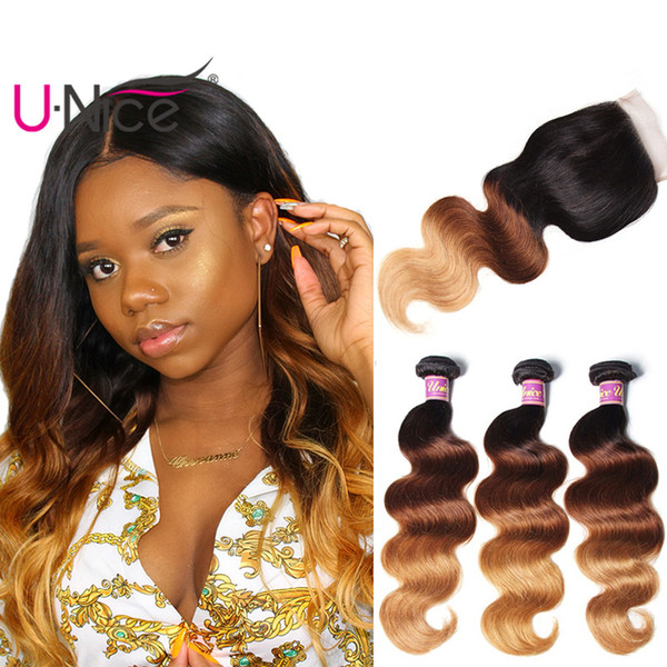 UNice Hair Brazilian Body Wave Ombre Weave Bundles With Closure Human Hair Bundles with Closure Ombre Hair T1B/4/27 Free Part Wholesale