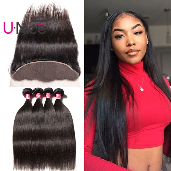 UNice Hair Straight Bundles With Frontal Indian Virgin 8A Hair Bundle Straight Frontal With Bundles 4 Bundles Human Hair And Frontals