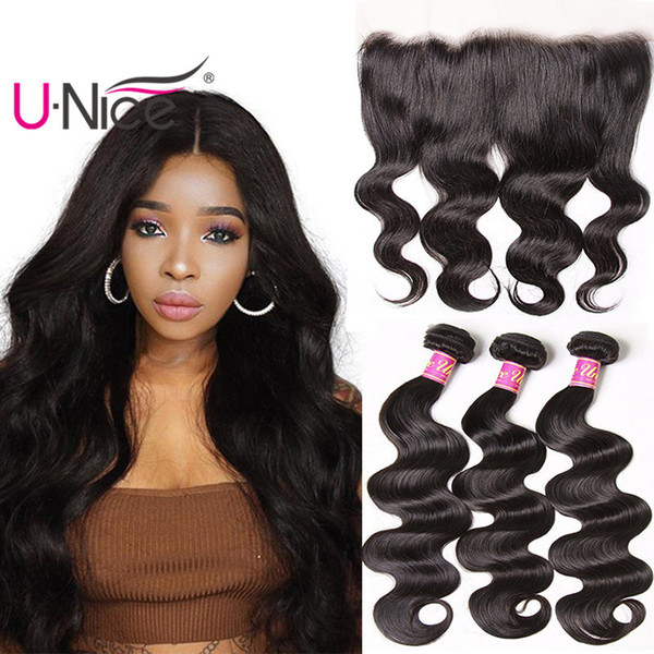 UNice Hair Brazilian Body Wave Bundles With Frontal Ear to Ear Virgin Hair Weave Bundles With 13x4 Lace Frontal Remy Human Hair Extensions