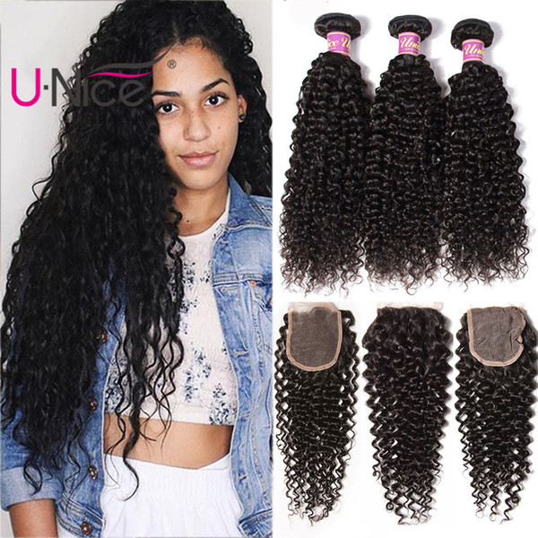 UNice Hair Raw Indian Curly Wave Hair 4 Bundles With Closure 100% Human Hair Extensions Curly Weave Bundles With Lace Closure Wholesale Bulk