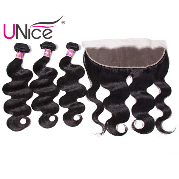 UNice Hair Virgin Peruvian Body Wave Bundles With Frontal Closure Hair Weaves With 13x4 Lace Lace Frontal Ear to Ear Weaves Closure Remy