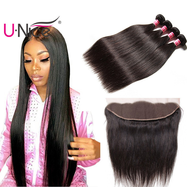 UNice Hair Peruvian Straight Lace Frontal and Bundles Virgin Human Hair Bundles With 13x4 Lace Closure Frontal Remy Human Hair Extensions