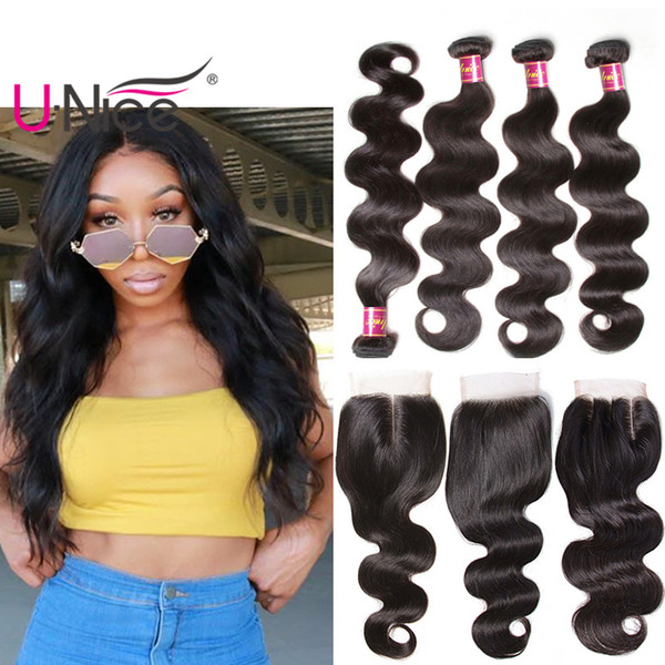 UNice Hair Peruvian Body Wave 4 Bundles With Closure Virgin Human Hair Extensions Hair Human Weaves Bundle With Lace Closure Wholesale Bulk