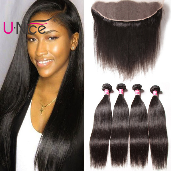 UNice Hair Brazilian Virgin Human Straight Hair Bundles With Frontal Human Hair Extensions Lace Frontal with Bundles Wholesale Cheap Bulk