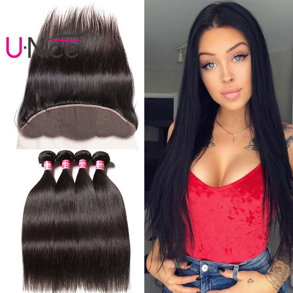 UNice Hair Malaysian Straight Bundles With Frontal Virgin 8A Hair Bundle Straight Frontal With Bundles 4 Bundles Human Hair And Frontal