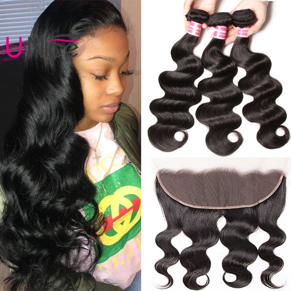 UNice Hair Peruvian Virgin 8A Body Wave Bundles With Frontal Hair Weaves Body Wave Lace Frontal With Bundles 4 Bundles Human Hair