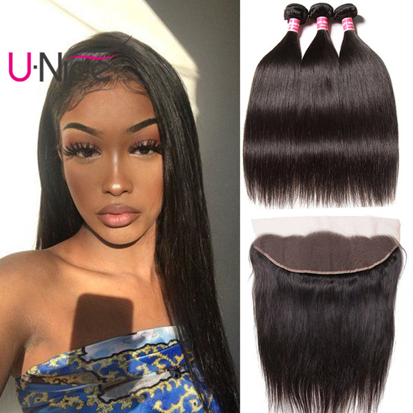 UNice Hair Straight Bundles With Frontal Peruvian Virgin 8A Hair Bundle Straight Lace Frontal With Bundles 4 Bundles Human Hair