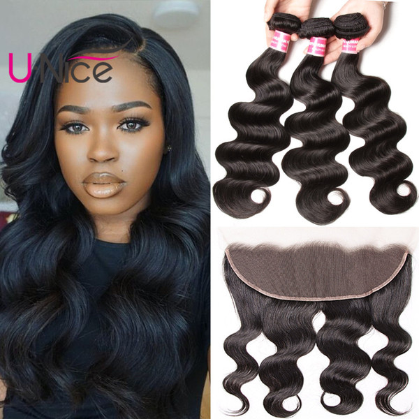 UNice Hair Indian Body Wave Bundles With Frontal Virgin 8A Hair Bundle Body Wave Lace Frontal With Bundles 4 Bundles Human Hair