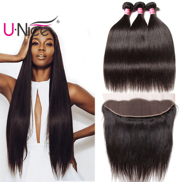 UNice Hair Brazilian Straight Human Hair Bundles With Frontal Virgin Hair Extensions Lace Frontal With Bundles Weave Frontal Wholesale Cheap