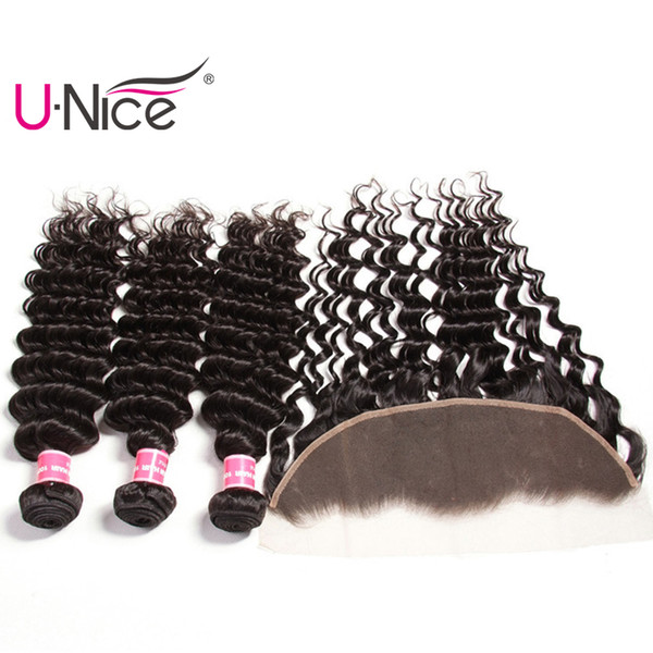 UNice Hair Virgin Brazilian Deep Wave Bundles With Frontal Free Part Lace Frontals With Bundles Remy Human Hair Weaves With Lace Frontal