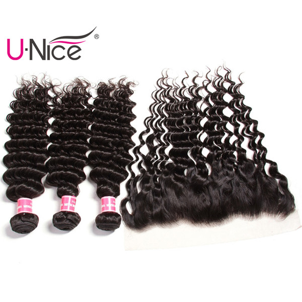 UNice Hair Wholesale Remy Malaysian Deep Wave Bundles With Frontal Free Part Lace Frontal With Bundle Virgin Human Hair Weaves With Frontal