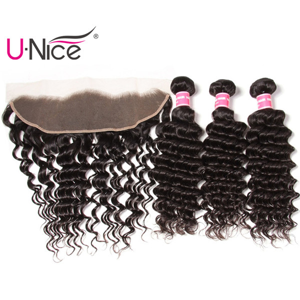 UNice Hair Indian Virgin Deep Wave Bundles With Frontal Free Part Lace Frontal With Bundle Remy Human Hair Weaves With Lace Frontal