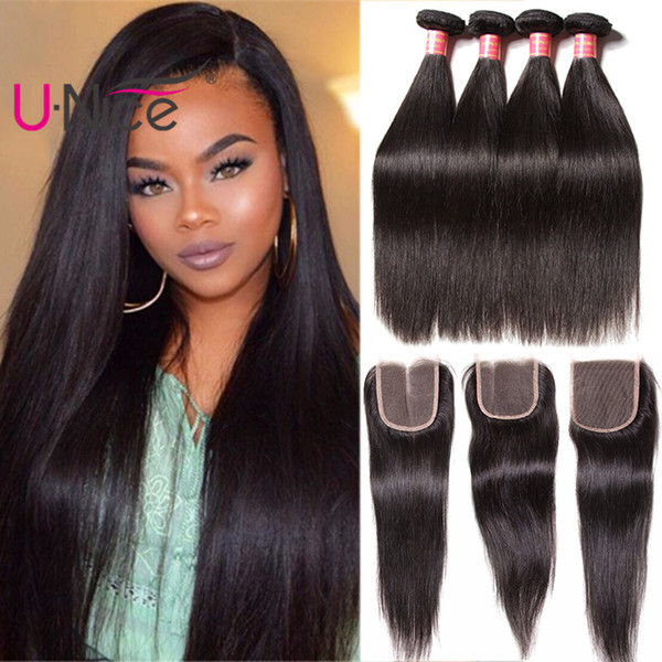 UNice Hair Brazilian Straight Virgin Human Hair 4 Bundles With Closure Malaysian Human Hair Extensions Raw Indian Weave Bundles With Closure