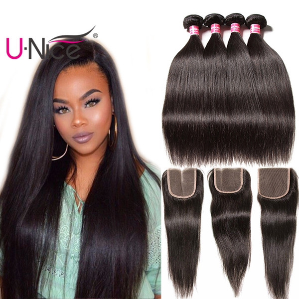 UNice Hair Peruvian Straight Hair 4 Bundles With Closure Virgin Human Hair Extensions Peruvian Human Weave Bundles With Lace Closure Bulk