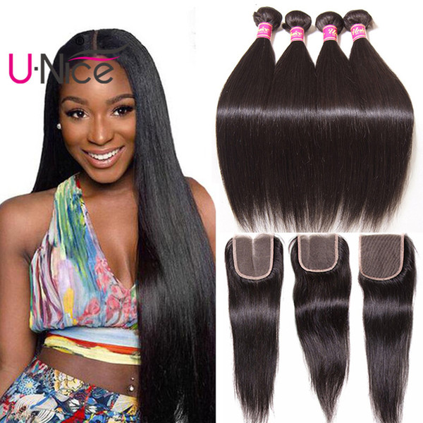 UNice Hair 4 Bundles With Closure Brazilian Virgin Straight Human Hair Extensions Brazilian Hair Weave Bundles With Lace Closure Wholesale