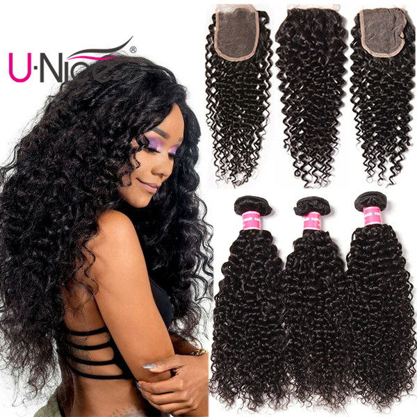 UNice Hair Raw Indian Curly Wave 4 Bundles With Closure Brazilian Virgin Hair Weave Bundles With Lace Closure Peruvian Hair Extensions Bulk