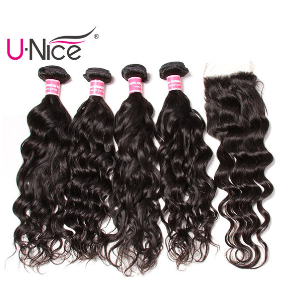 UNice Hair Indian Virgin Natural Wave Bundles With Closure Free Part Human Hair Extensions Remy Hair Weave 4 Bundles With Lace Closure