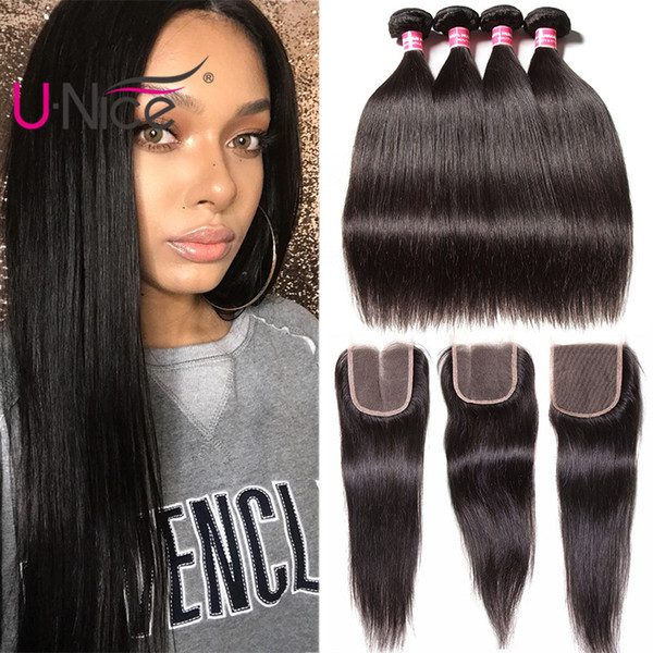 UNice Hair Brazilian Virgin 4 Bundles With Closure Raw Indian Straight Human Hair Extensions Peruvian Hair Weave Bundles With Lace Closure