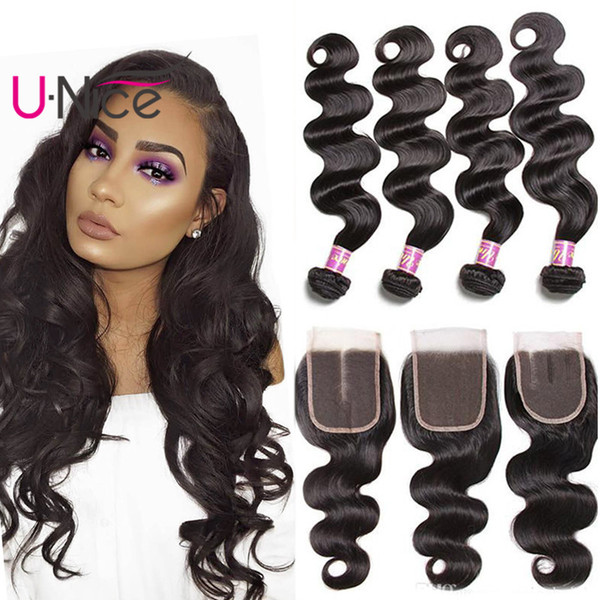 UNice Hair Virgin Brazilian Body Wave 3 Bundles With Closure Peruvian Remy Human Hair Weave Bundle With Lace Closure Human Hair Extensions