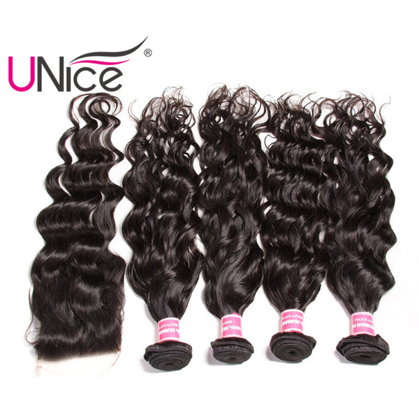 UNice Hair Virgin Wholesale Indian Natural Wave Bundles With Closure Human Hair Extensions Remy Hair Weave With Lace Closures Unprocessed