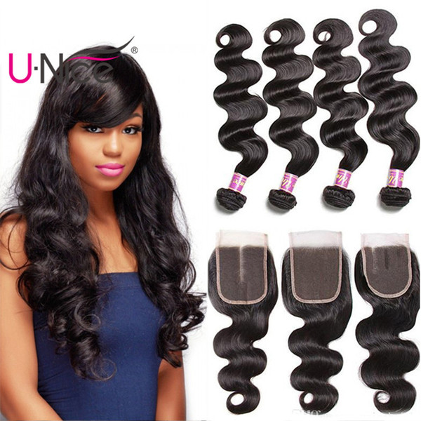 UNice Hair Virgin Brazilian Body Wave 4 Bundles With Closure Raw Indian Hair Weaves Bundle With Lace Closure Peruvian Hair Bundles Wholesale