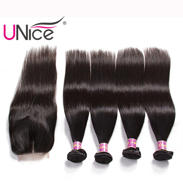 UNice Hair Virgin Body Wave Straight Hair Bundles With Closure Indian Human Hair Extensions Wholesale Remy Wefts With Closure Silk Bulk