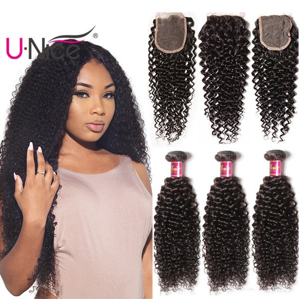 UNice Hair Peruvian Kinky Curly Wave 4 Bundles With Closure 100% Human Hair Extensions Weaves Bundle With Lace Closure Wholesale Cheap Bulk