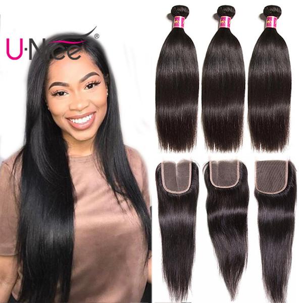 UNice Hair Raw Indian Straight Hair 4 Bundles With Closure 100% Human Hair Extensions Virgin Weave Bundles With Lace Closure Cheap Wholesale