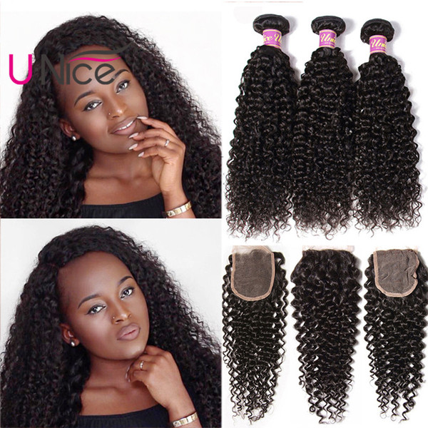 UNice Hair Malaysian Kinky Curly Human Hair 4 Bundles With Closure 100% Human Hair Extensions Weave Bundles With Lace Closure Wholesale Bulk