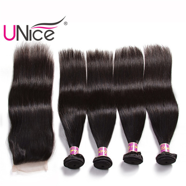 UNice Hair Straight 4 Bundles With Closure Malaysian Virgin 100% Human Hair Extensions Unprocessed Hair Weaves 4 Bundle With Lace Closure