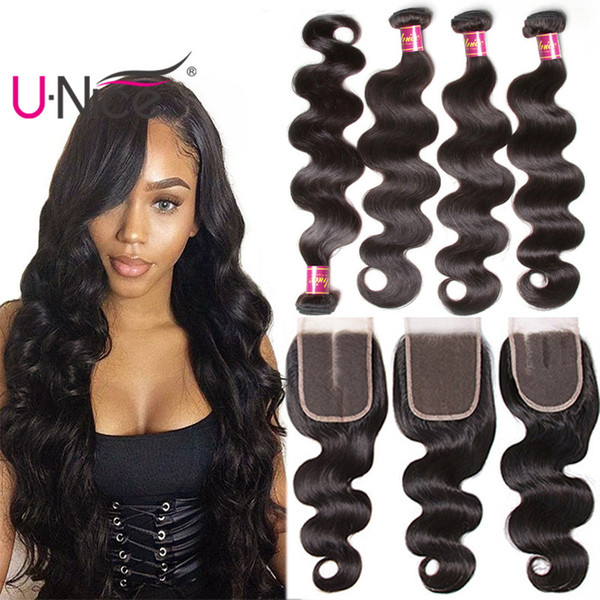 UNice Hair Body Wave 4 Bundles With Closure Raw Virgin Indian 100% Human Hair Extensions Remy Human Hair Weave Bundles With Lace Closure