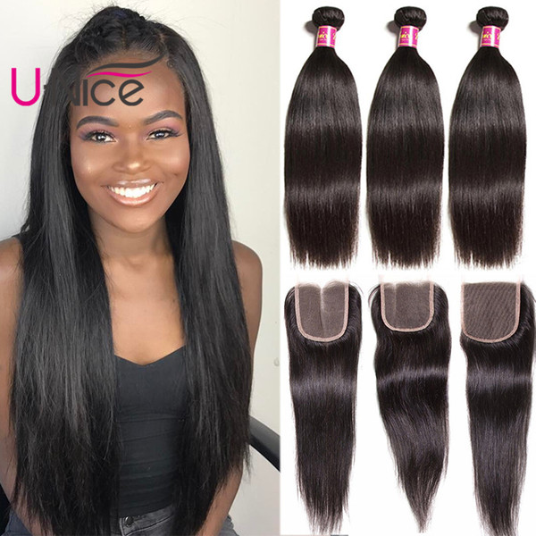 UNice Hair Virgin Peruvian Straight Hair 4 Bundles With Closure 100% Human Hair Extensions Weave Bundle With Lace Closure Cheap Wholesale