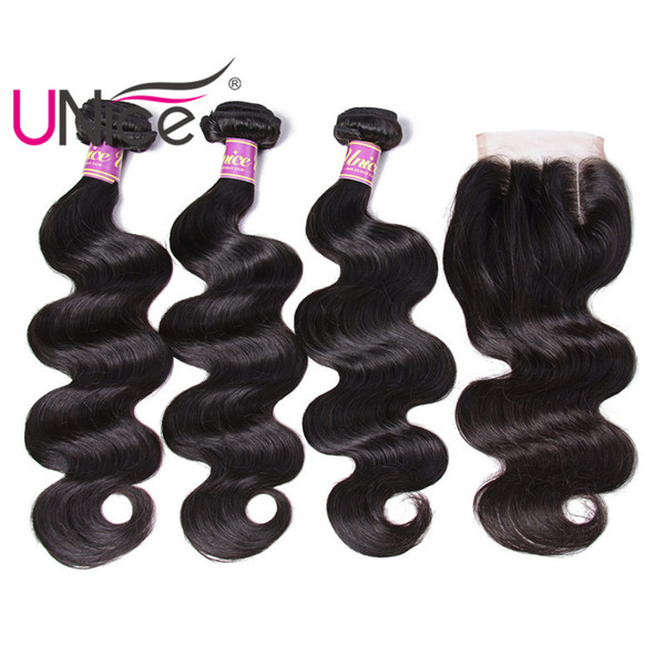 UNice Hair 8A Virgin Body Wave Brazilian Bundles With Closure Human Hair Extensions Remy Unprocessed Human Hair Wefts With Closure Wholesale