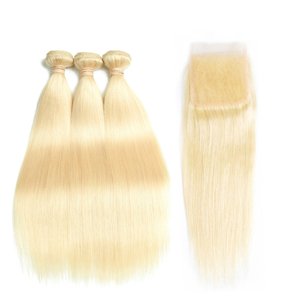 Honey Blonde Straight Human Hair Bundles With 4x4 Closure Xiuyuan 613 Honey Blonde Straight Virgin Remy Human Hair Bundles With Closure