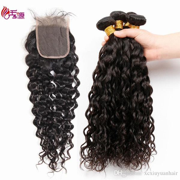 Natural Color Double Weft Cheap Brazilian Water Wave Virgin Remy Human Hair 3 Bundles With 4x4 Swiss Lace Closure 