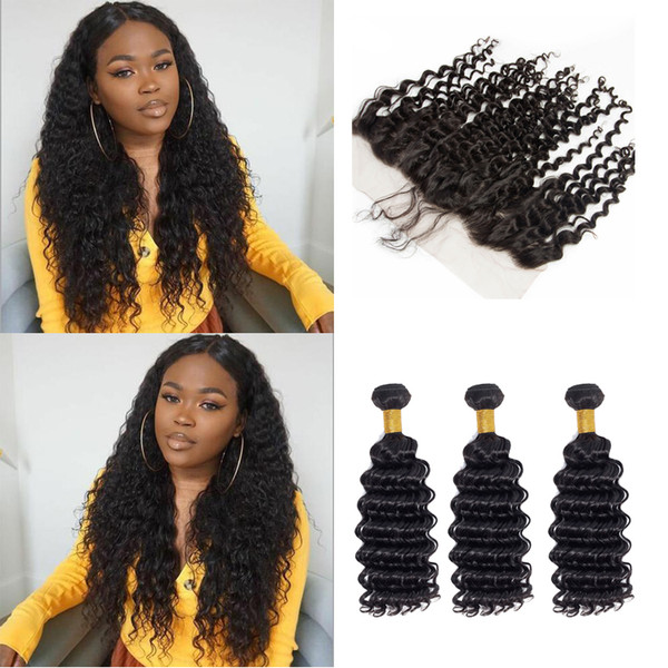 Raw Virgin Indian Hair Bundles With Closure Deep Wave 100 Unprocessed Remy Human Hair 3 Bundles With 13x4 Swiss Lace Frontal