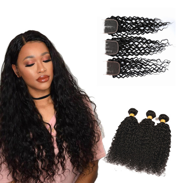 Brazilian Water Wave Remy Human Hair Bundles With Top Lace Closure Double Weft Water Wave Virgin Remy Human Hair Bundles With Frontal