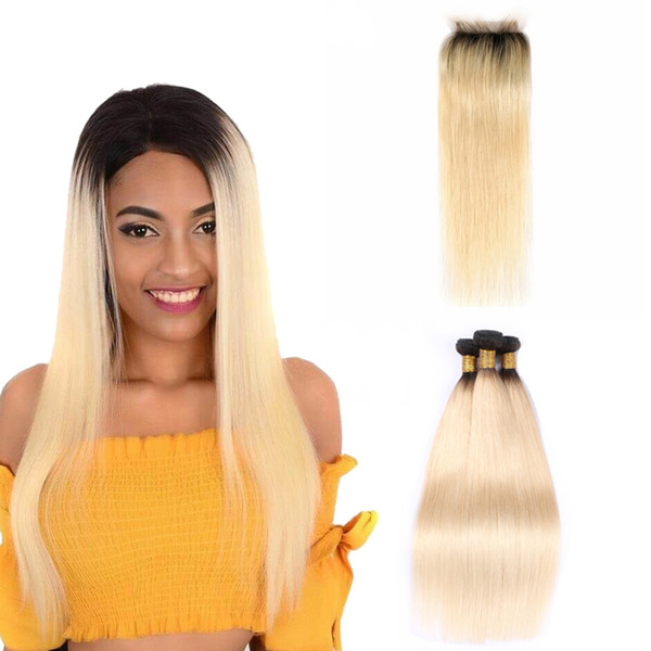 Factory Price Brazilian Virgin Human Hair Bundles With Frontal Straight Human Hair Weave 613 Blonde Bundles With 4x4 Lace Closure