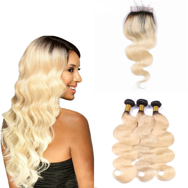 Brazilian 1B 613 Blonde Virgin Human Hair Bundles With Closure Xiuyuan 1B 613 Blonde Body Wave Remy Human Hair Bundles With 4x4 Closure