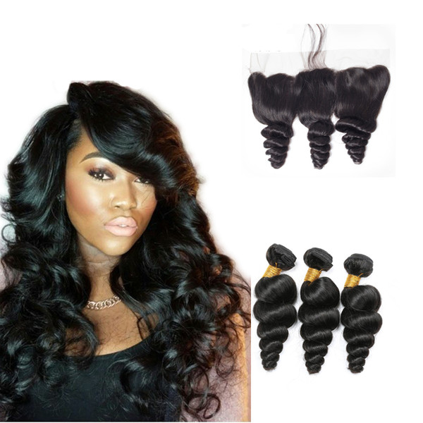 Cuticle Aligned Virgin Human Hair Bundles With 13x4 Lace Closure Cheap Peruvian Loose Wave Remy Human Hair 3 Bundles With Closure